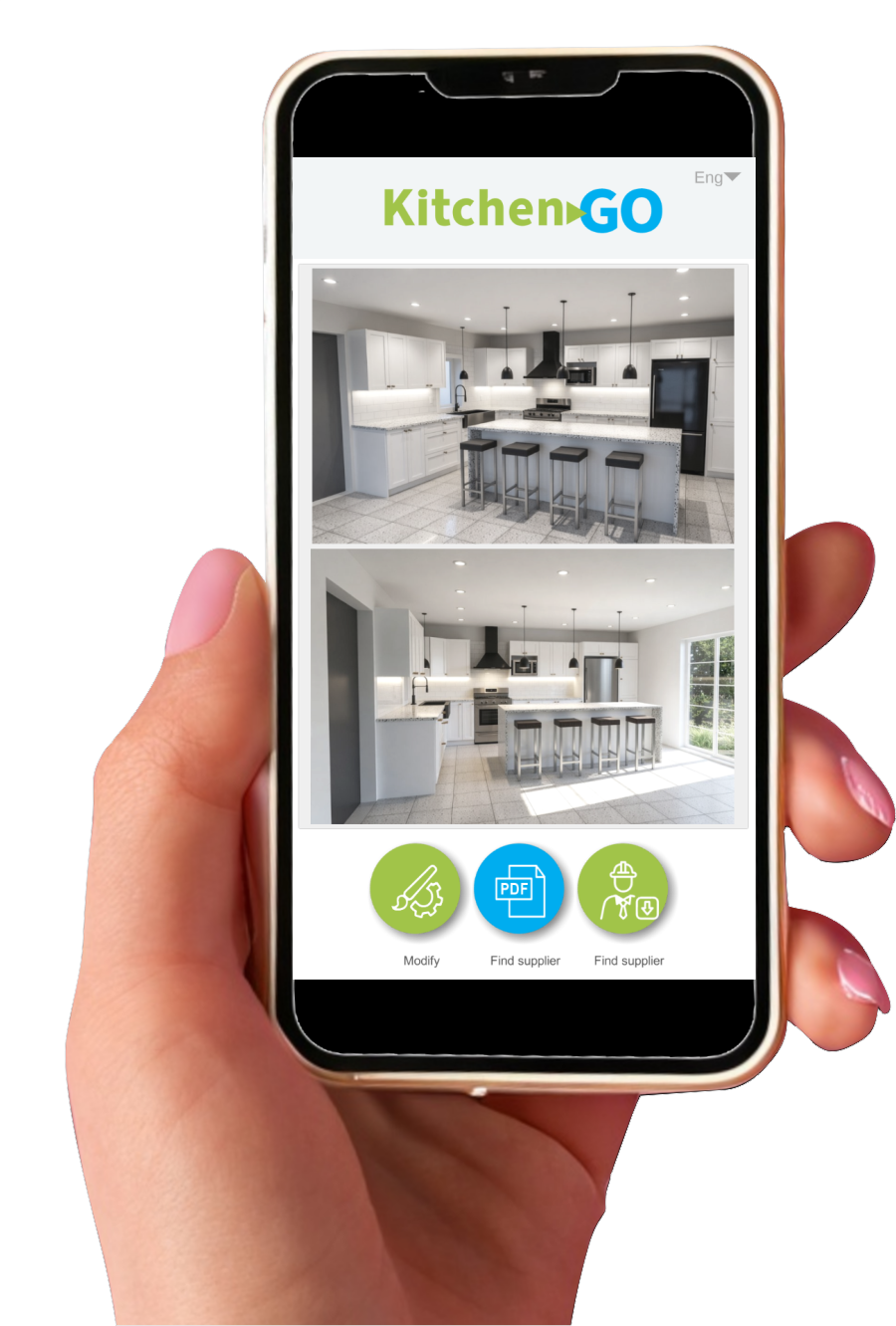 Une main tenant un téléphone qui affiche une cuisine conçue dans l'application KitchenGO